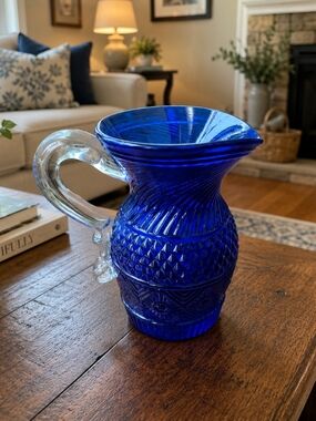 VTG Cobalt Blue Glass Pitcher with Clear Handle